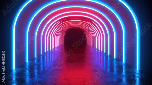 Fototapeta Naklejka Na Ścianę i Meble -  Neon arch tunnel with vibrant pink and blue lights.