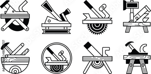 Set of Stylized Icons Representing Various Woodworking Tools and Machines