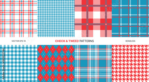 Seamless vector patterns with vibrant red blue plaid tartan houndstooth checkered argyle designs, bright retro geometric backgrounds for textile, wrapping paper, digital design, fabric use
