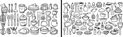 kitchen items doodle, utensils and cookware sketch, cooking tools line art, minimal rajasthan art design, food preparation elements, household vector illustration, clean creative sketch, everyday obje