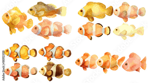 Watercolor clownfish and anemonefish set in orange, cream, and brown shades, isolated on white for marine design, nursery art, stickers, and reef themes