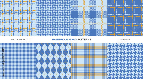 Seamless vector plaid patterns with Hanukkah theme in blue yellow white featuring tartan houndstooth argyle styles perfect for winter holiday Jewish celebration fabric wrapping crafts digital design