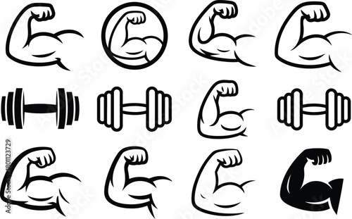 Collection of Bicep Flexing Arm and Dumbbell Icons for Fitness and Strength