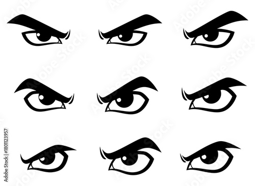 Nine cartoon eyes are staring forward with intensity, showcasing a variety of angry and suspicious expressions