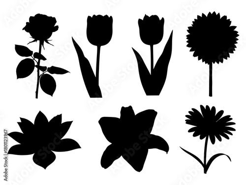 Collection of black silhouette flower blossoms including rose, tulip, lily, and various floral outlines