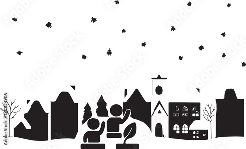 Abstract Halloween night background with stars and houses vector illustration