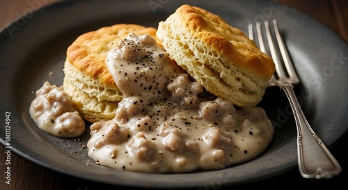 Delicious plate of biscuits and sausage gravy with a fork, a classic comfort food dish served on a dark plate