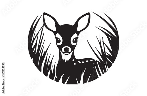 Black and White Fawn Vector Silhouette in Grass | Baby Deer Illustration