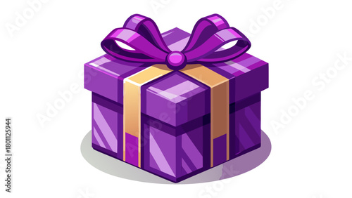 Purple gift box with golden ribbon and bow isolated on white background