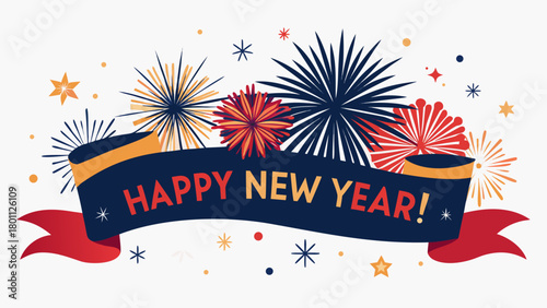 Happy new year banner with colorful fireworks and stars