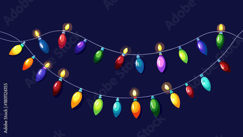 Colorful christmas lights string decoration on dark blue background