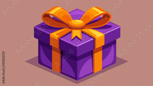 Isometric purple gift box with orange ribbon and bow