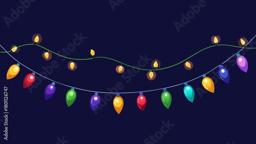 Colorful string lights with glowing bulbs on dark background