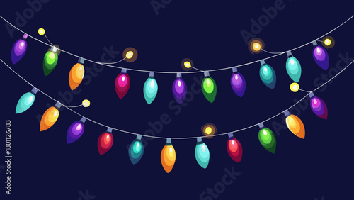 Colorful christmas lights string decoration on dark blue background