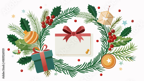 Christmas wreath with gift box and blank card for holiday greetings