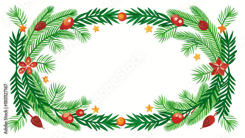 Christmas wreath frame with pine needles berries and stars