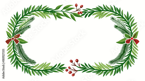 Festive christmas wreath border with greenery red berries and bows