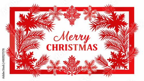 Red christmas frame with pine needles and snowflakes merry christmas greeting