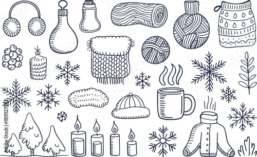 Cozy Winter Elements: Snowflakes, Warm Drinks, and Knitted Goods