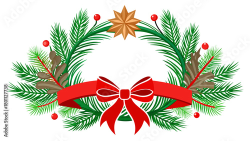 Christmas wreath decoration with pine needles red berries pinecones and gold star