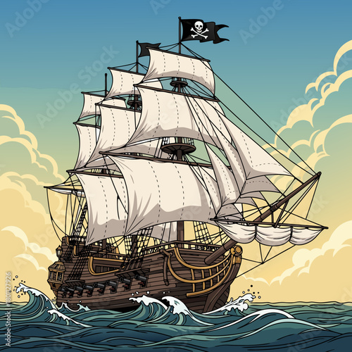 Pirate Ship Sailing on the High Seas with Skull Flag.
