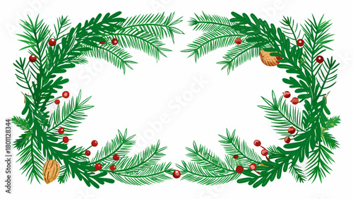 Christmas fir branches with red berries and nuts border design