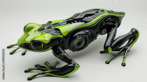 Futuristic robotic frog design with sleek black and green colors, isolated on white.