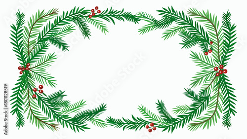 Christmas fir branch border with red berries on white background