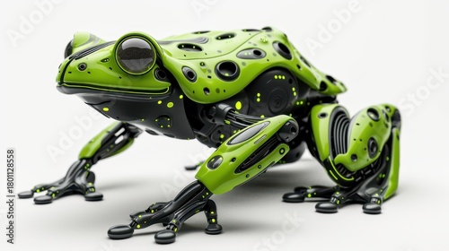 Futuristic robotic frog with vibrant green color against a white isolated background.