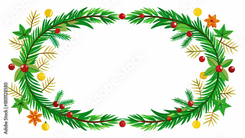 Oval christmas wreath frame with pine branches berries and ornaments