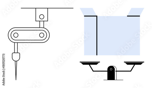 Machinery arm with pointed needle and precision balance scale. Ideal for industry, automation, engineering, manufacturing, measurement, technology, and science. Clean simple flat metaphor