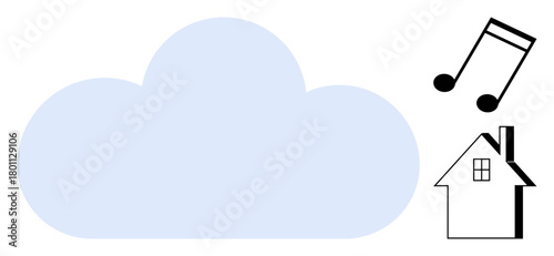 Soft blue cloud with black music notes and house symbolizing digital storage, entertainment, cloud-based services, connectivity, multimedia, remote access, and home technology. Simple flat metaphor