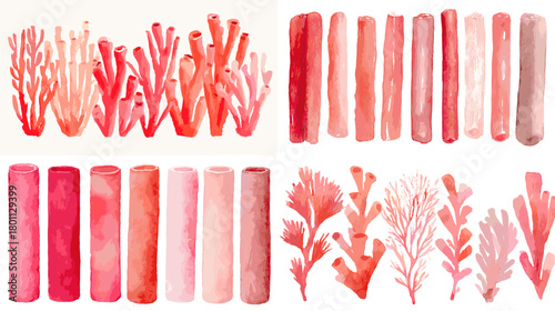 Watercolor red coral branches and tube shapes in vivid sea tones, isolated on white for marine design, patterns, invitations, and bold coastal decor.