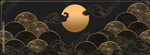 Vector oriental illustration with gold waves, clouds and moon isolated on black background. Traditional asian motifs ornament template for web banner, card print, poster, brochure, wallpaper