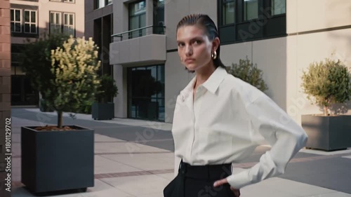 Young beautiful woman professional model wearing designer clothes on summer street during city lifestyle walk during fashion week.Zoom In.AI Generative.
