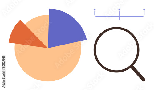 Pie chart in orange and purple examined by magnifying glass with visual connectors. Ideal for data analysis, research, statistics, business strategy, evaluation, decision-making, presentations