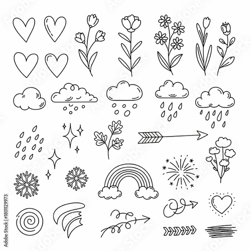 Floral, Weather, and Arrow Line Art Doodles