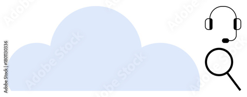Blue cloud with magnifying glass and headset icons representing search, online support, and digital services. Ideal for IT, cloud technology, customer service, data storage, search tools
