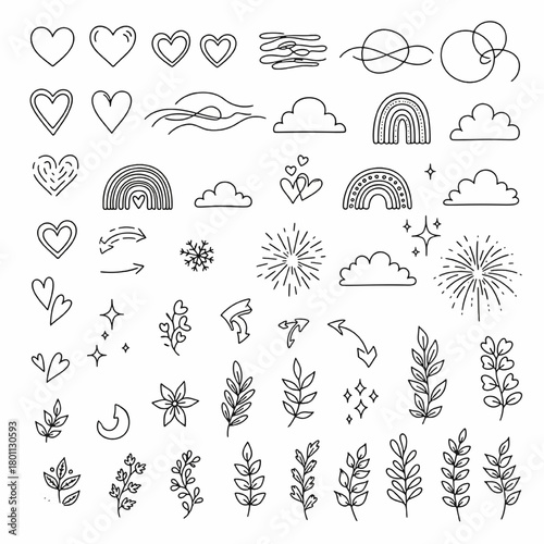 Abstract Lines, Hearts, and Botanical Doodle Set
