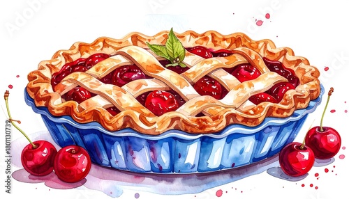 Watercolor Cherry Pie Illustration with Fresh Cherries.