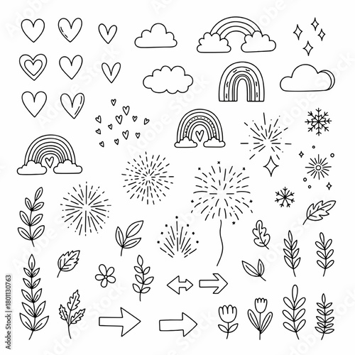 Hand Drawn Doodle Elements Set: Hearts, Rainbows, Leaves, and Fireworks