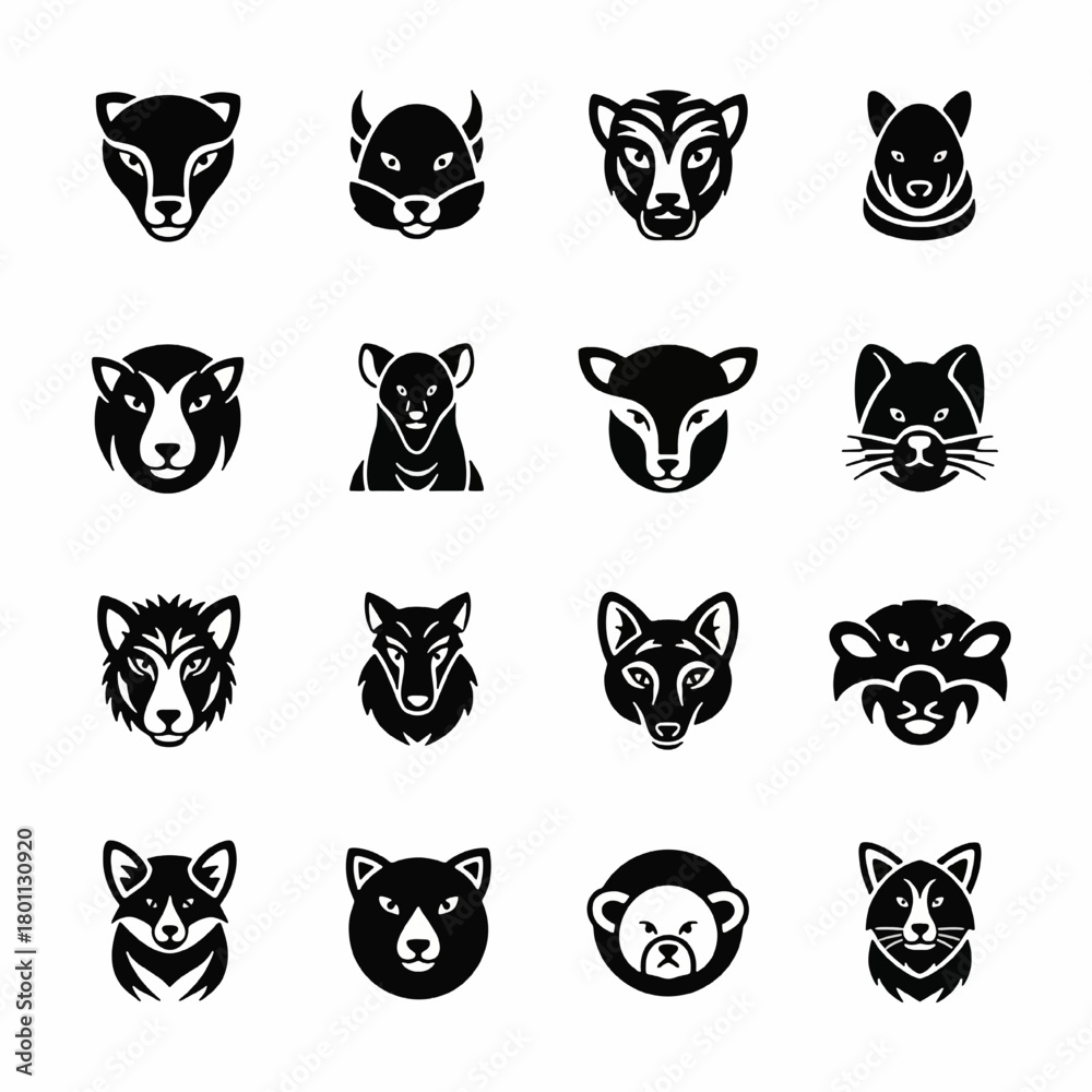 Fototapeta premium Black Silhouette Heads of Various Wild Mammals Set