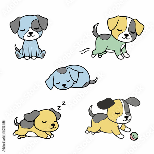 Cute Cartoon Puppies Sleeping and Playing in Pastel Colors Set 2