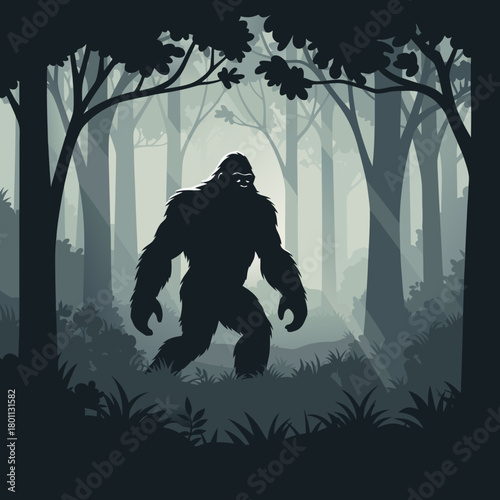 Silhouette of a Bigfoot-like Creature in a Forest Clearing.