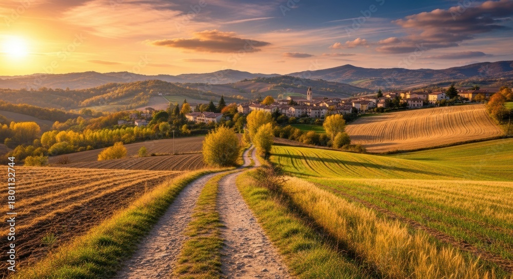 Naklejka premium Golden Sunset Over Tuscan Village and Rolling Hills, Tuscany, Italy, Town