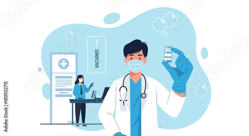 Medical Professional Displays Vaccine Vial In A Modern Illustrated Health Care Setting