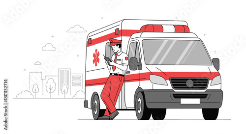 Medical Professional Communicating Next to an Ambulance in a City Environment