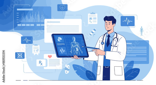 Medical Professional Explaining Analysis On Digital Screen With Vital Health Data