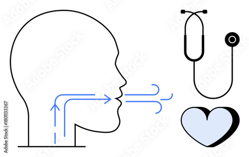 Profile silhouette with airflow arrows, stethoscope, and heart icon. Ideal for health, medicine, breathing, wellness, diagnostics healthcare mindfulness. Simple flat metaphor