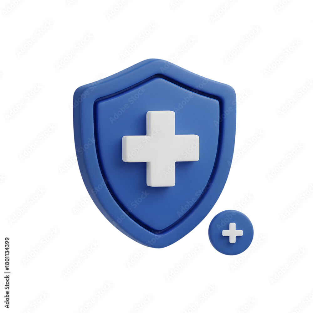 Fototapeta premium 3d icon of blue shield with white cross and plus icon isolated on transparent background